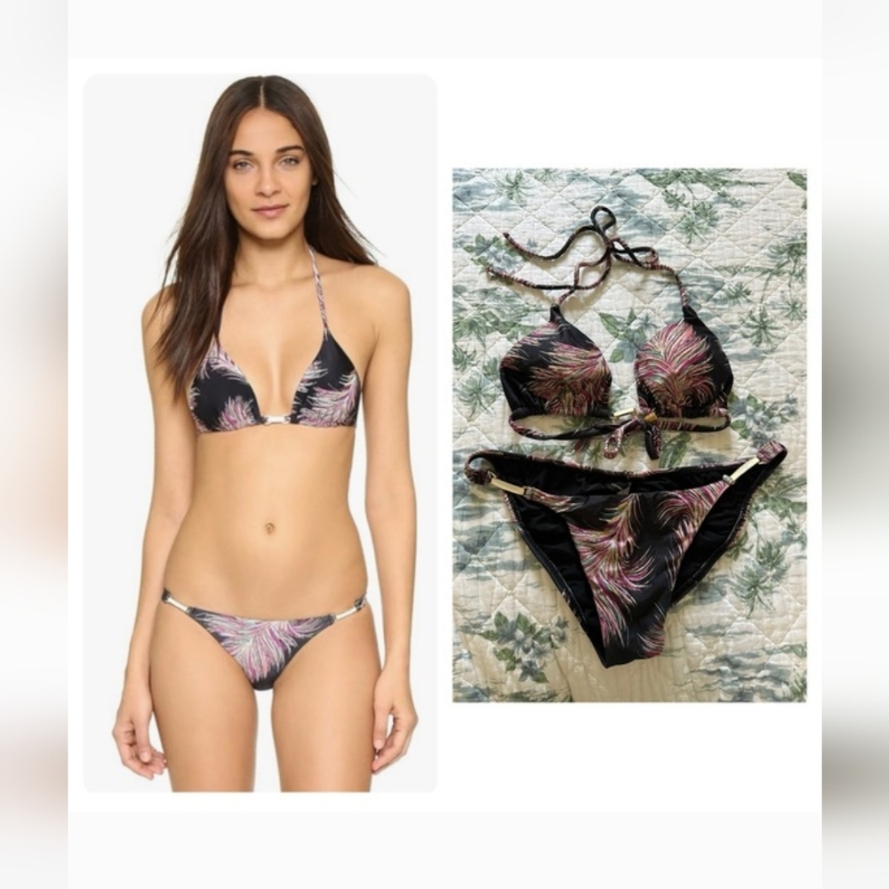 Vix Krishna Detail Bikini Set L Black Feather Print Triangle